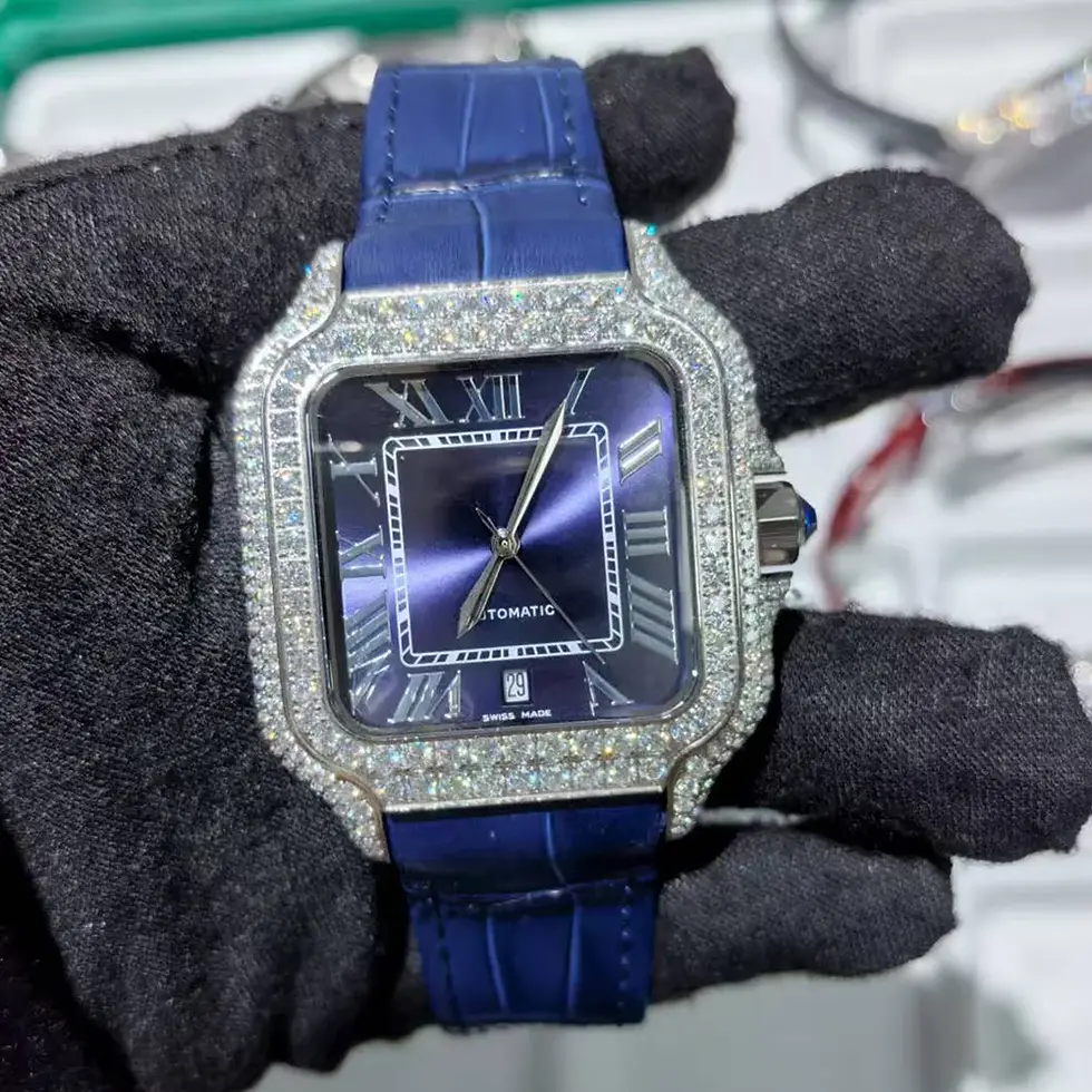 Thumbnail: Square watch with blue dial, diamond bezel, blue strap