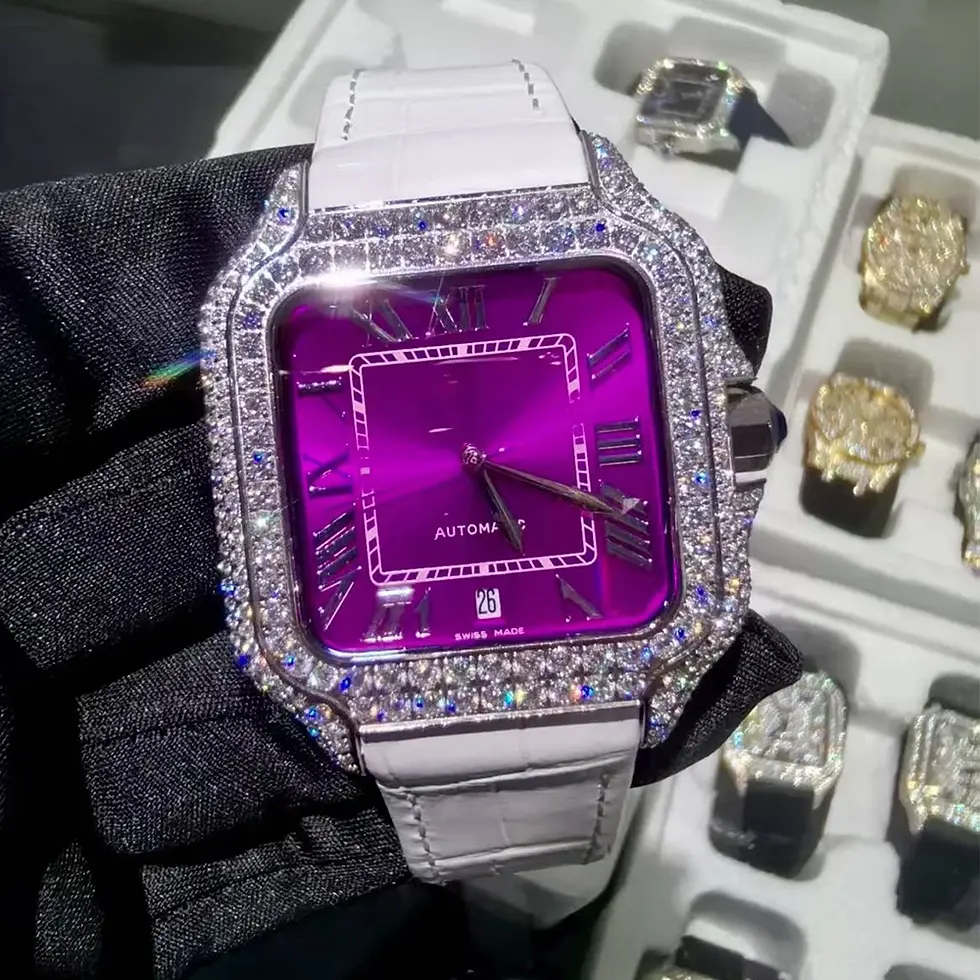 Thumbnail: Square watch with purple face, diamond bezel, white strap