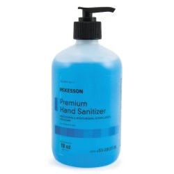 Premium Hand Sanitizer 18 oz. bottle, blue liquid, with a black pump