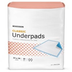 McKesson Classic Underpads package, 23 x 36, 10 count, absorbent protection and care.