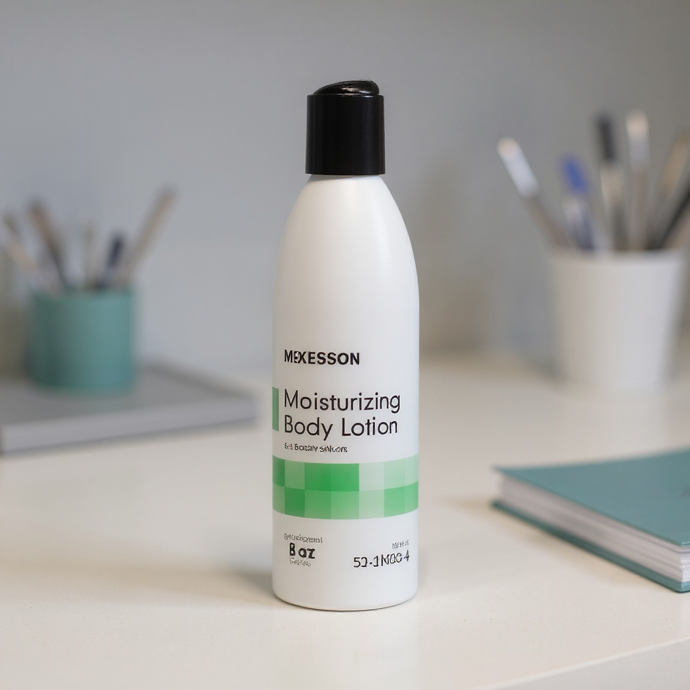 White lotion bottle McKesson Moisturizing Body Lotion 8 oz on desk
