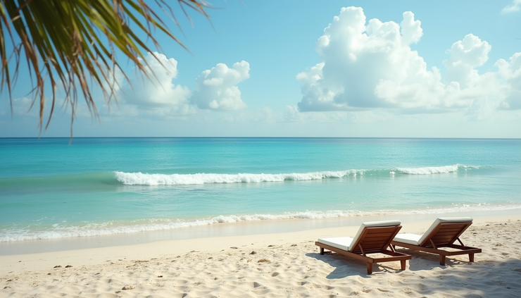 Eye-level view of a peaceful beach with lounge chairs and calm ocean at Zoëtry Agua Punta Cana