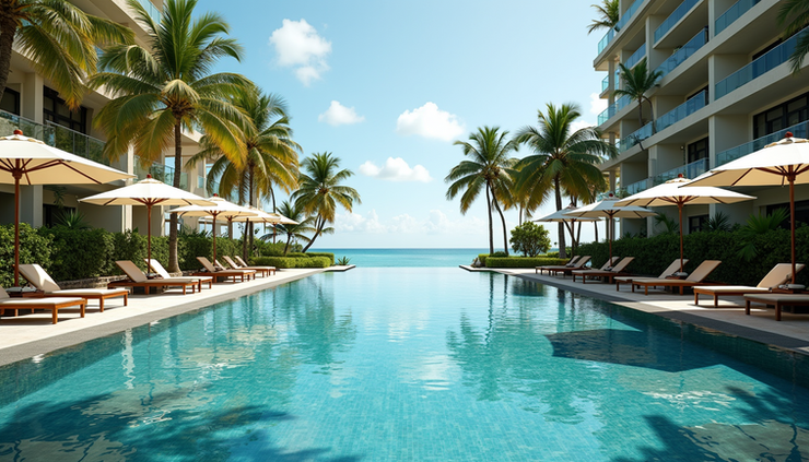 High angle view of a large pool surrounded by tropical gardens at a Punta Cana resort