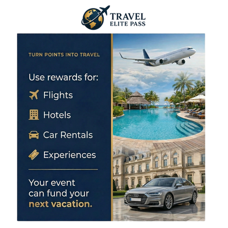 Redemption options slide showing flights, hotels, car rentals, and experiences alongside a luxury travel collage.