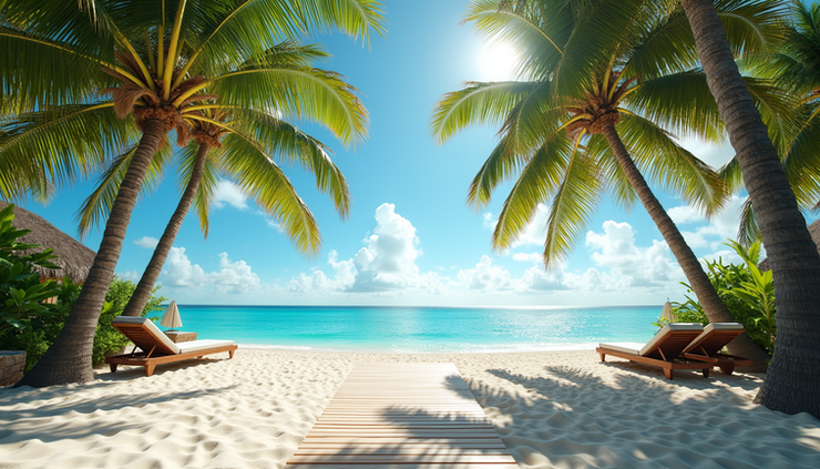 Eye-level view of a beachfront resort with palm trees and turquoise ocean