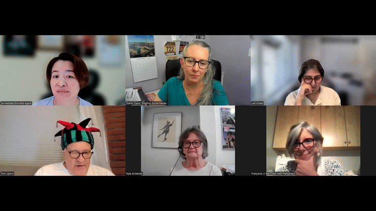 Six members of the Email and Social Media Rockstars group on a live Zoom coaching session with Tracey Lee Davis.