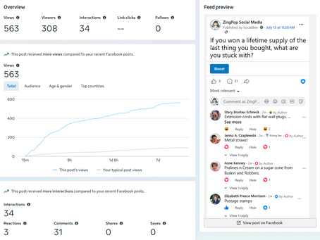 Meta Business Suite results for a ZingPop text-only Facebook post, showing 563 views and 34 interactions