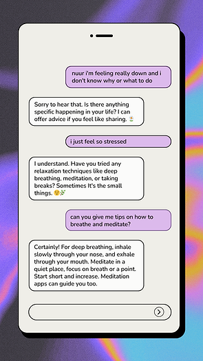 An example conversation in English showing nuur handling a stressed out user and giving coping tips
