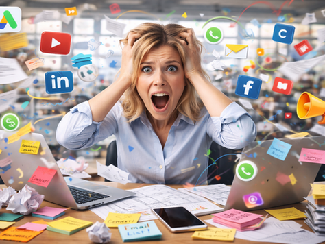 Unternehmerin sitzt gestresst am Schreibtisch, umgeben von Social-Media-Icons, Notizzetteln und Marketing-Aufgaben – Symbolbild für Marketing-Chaos und Überforderung im Business.