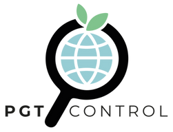 Logo von PGT Control mit Lupe und Globus – Symbol für weltweite Probenahme