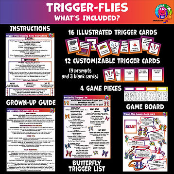 Trigger-Flies Game Instructions, Grown Up Guide, Butterfly Trigger List, Game Cards, Game Board and game pieces preview