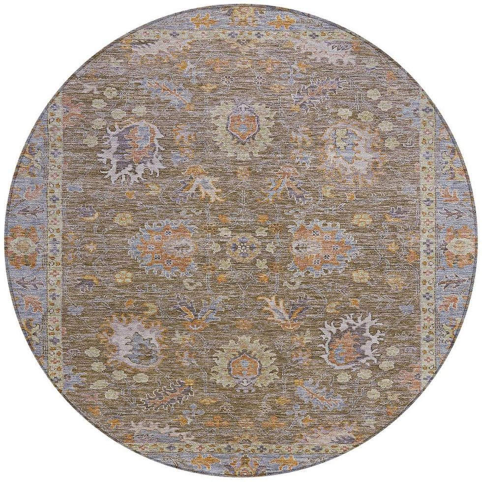 Thumbnail: HMS 8' Brown and Lavender Round Floral Indoor/Outdoor Area Rug Washable Carpet