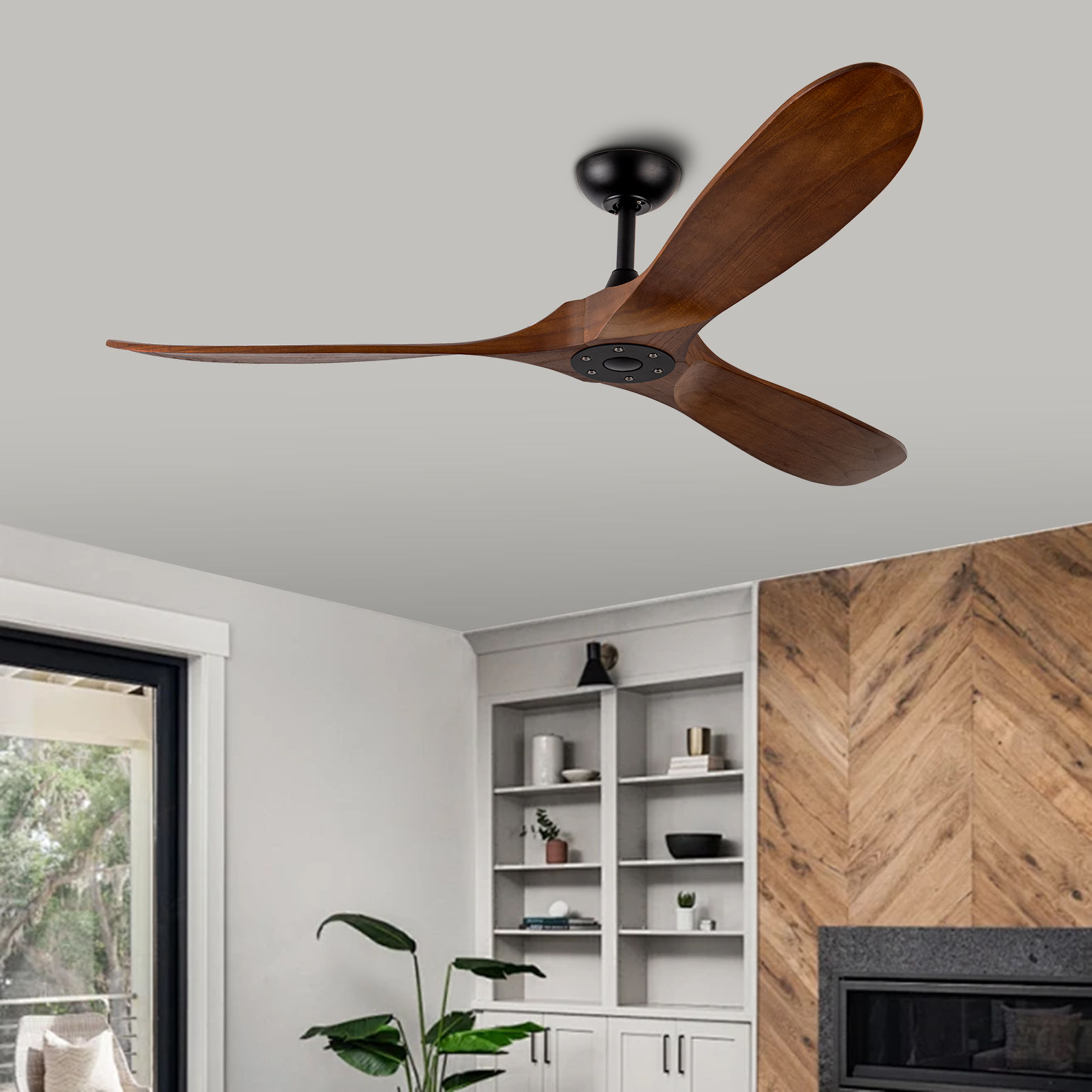 Wooden 60 Inch Ceiling Fan Without Light, 3 Blades and 5 Speed Control Reversibl
