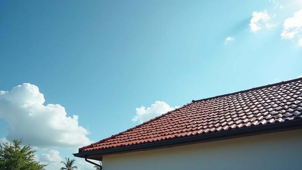 Wide angle view of a well-maintained roof under bright blue sky