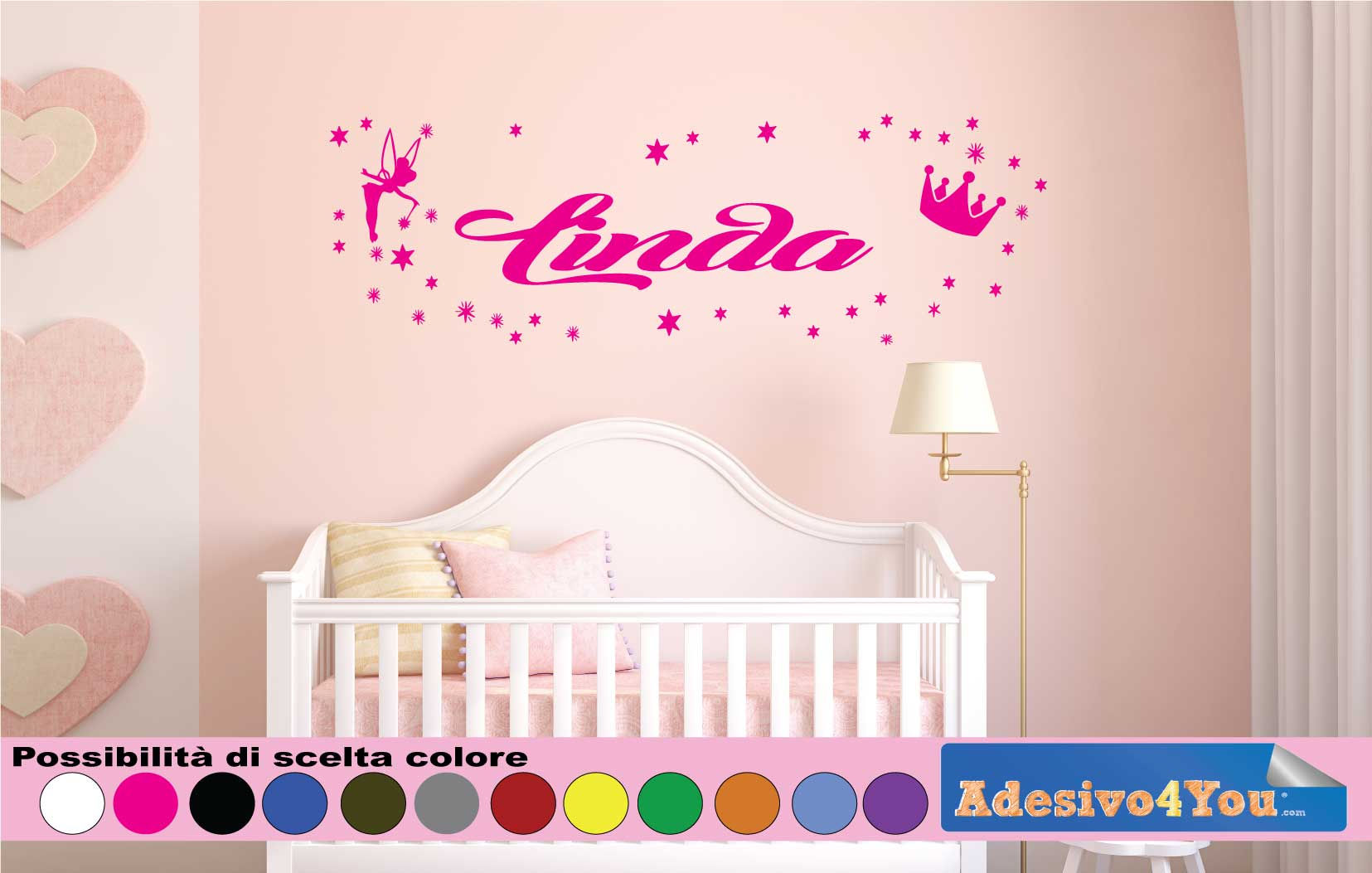 Adesivi Murali Bambini Nome personalizzato con principessa, stelline e castello.