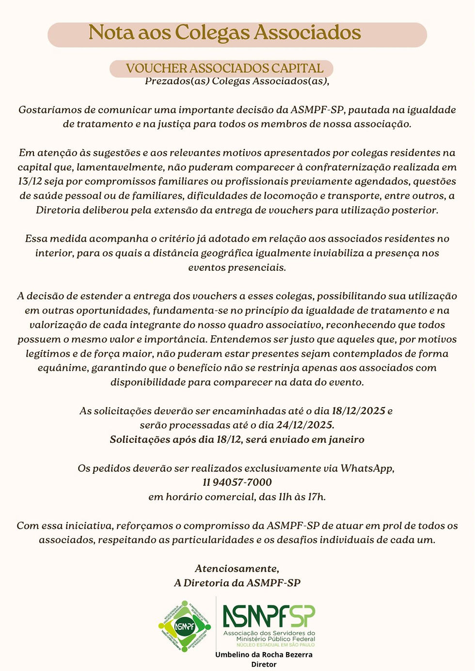 NOTA AOS COLEGAS ASSOCIADOS