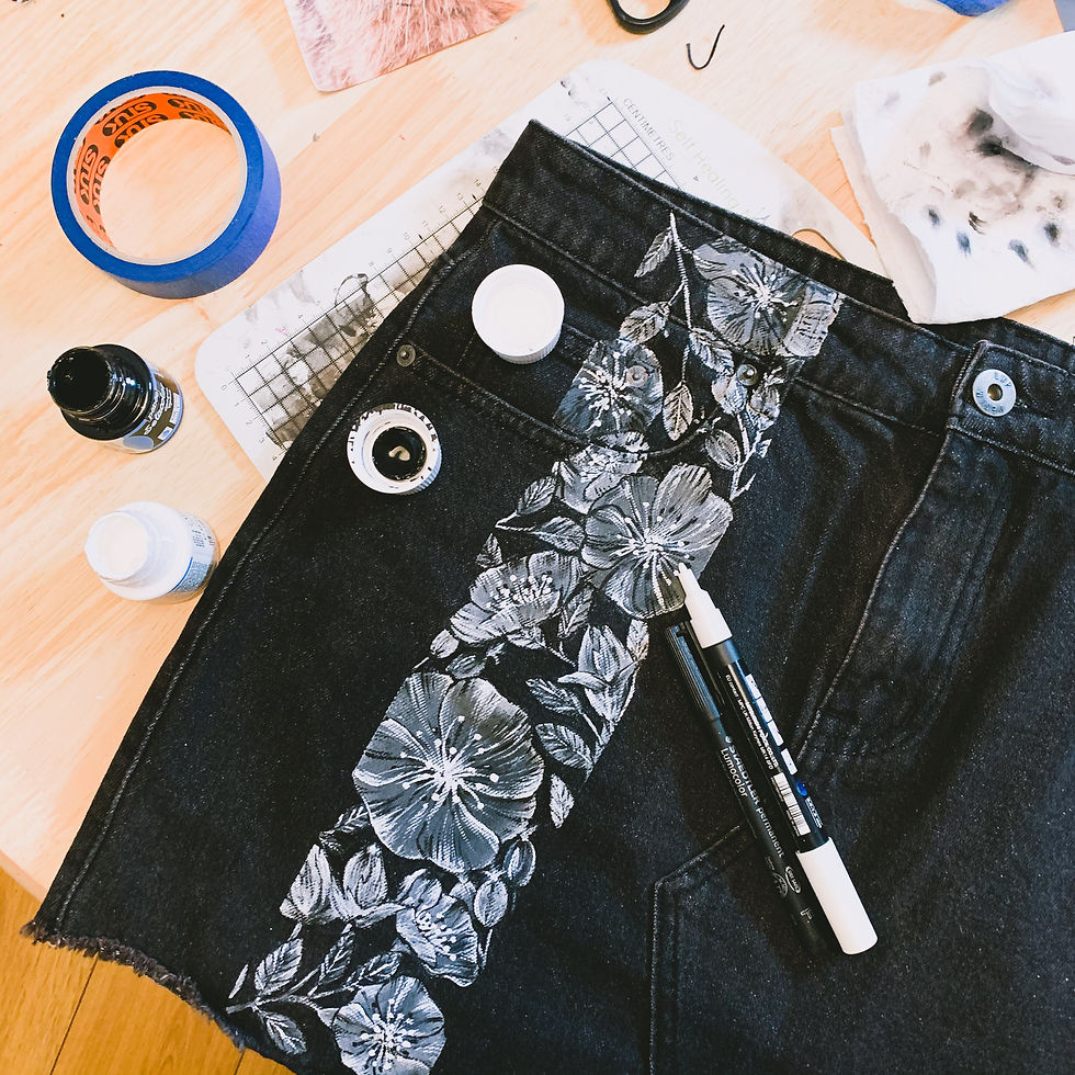 Black Denim Floral Mini Skirt