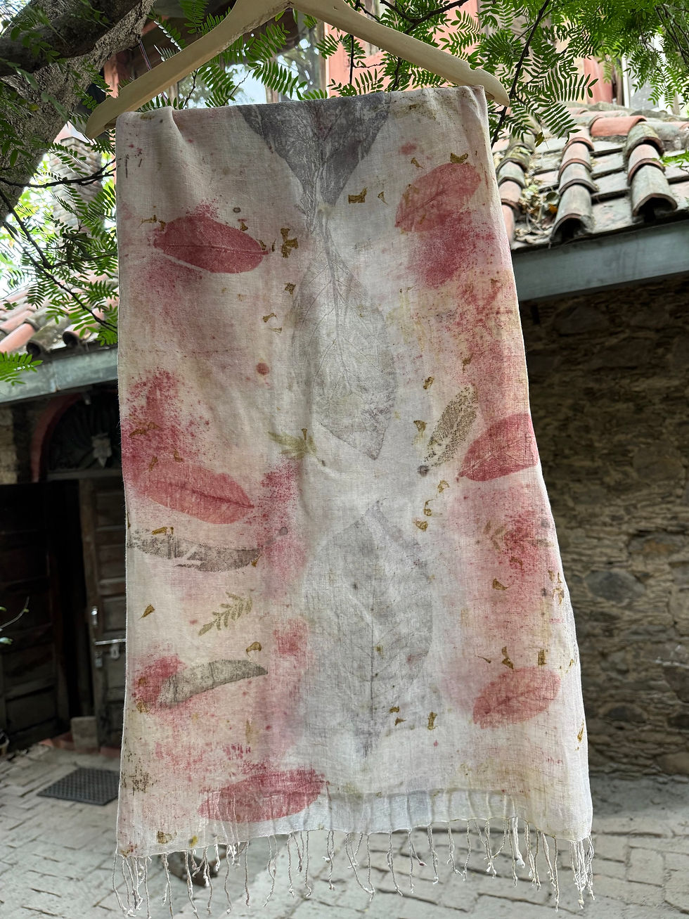 Thumbnail: Handwoven linen stole/ eco print/ natural dye