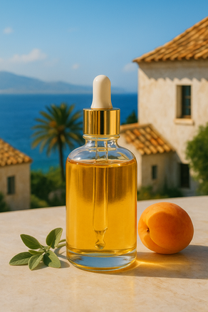 Пляшка із сонячною олією на тлі грецької стіни та цитрусових. Ніжність і літній дотик.