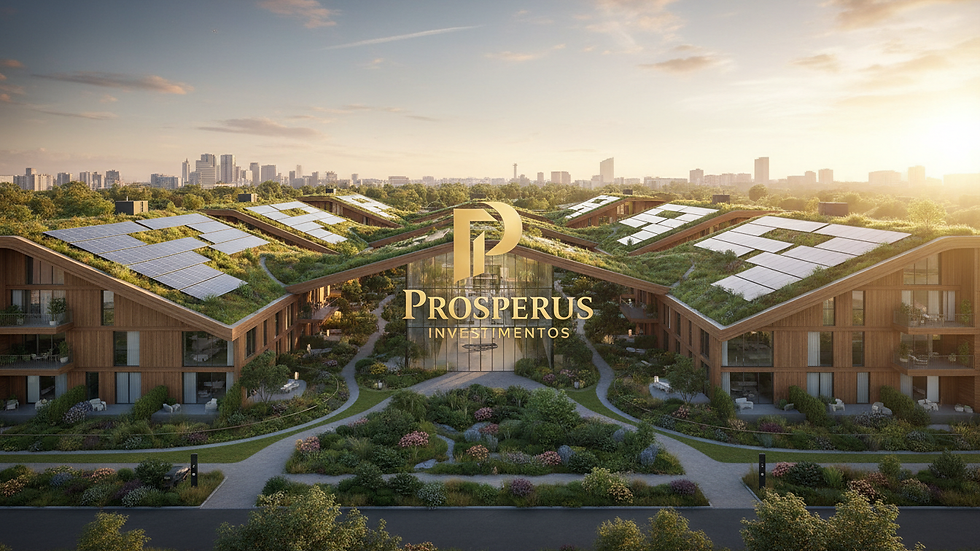 Eye-level view of a sustainable residential complex with green roofs and solar panels