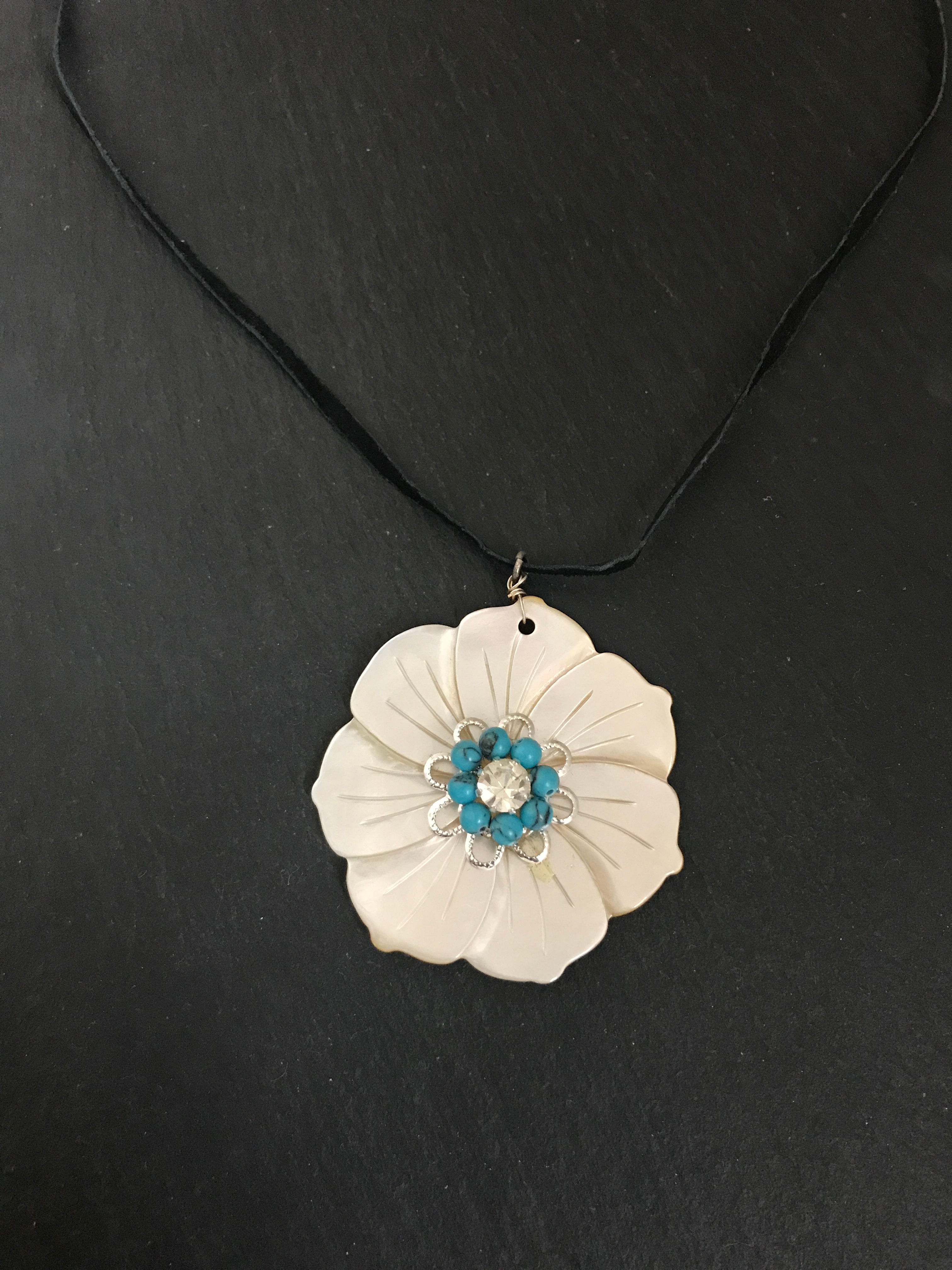 Mother of Pearl and Turquoise Howlite Flower Necklace