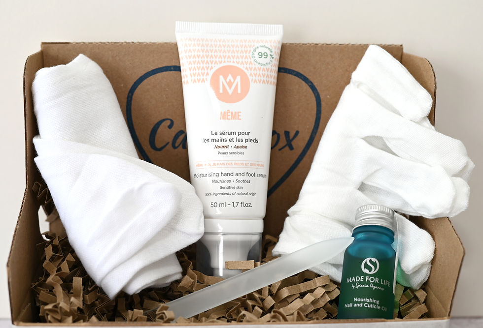 Chemotherapy Nail Care Box containing cream, cotton gloves and booties, nail oil and nail file