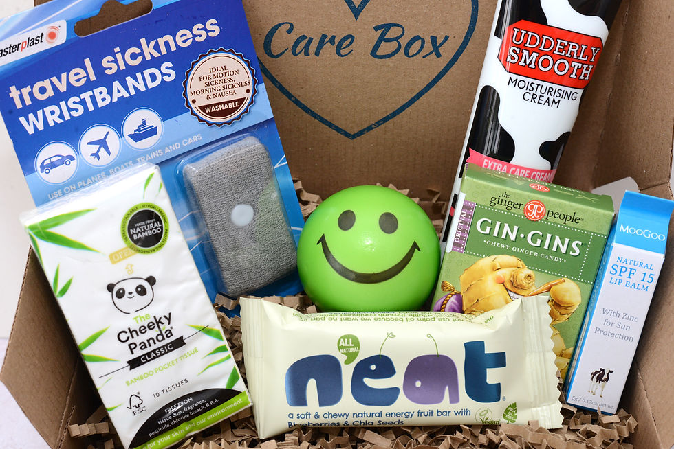 close shot of tissues nausea bands stress ball snack bar udderly smooth cream and gin gins in box