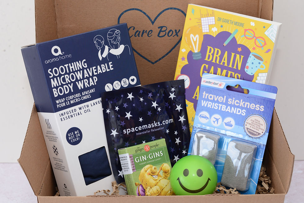 close up of contents microwaveable shoulder wrap gin gins stress ball spacemask brain games book and postcard