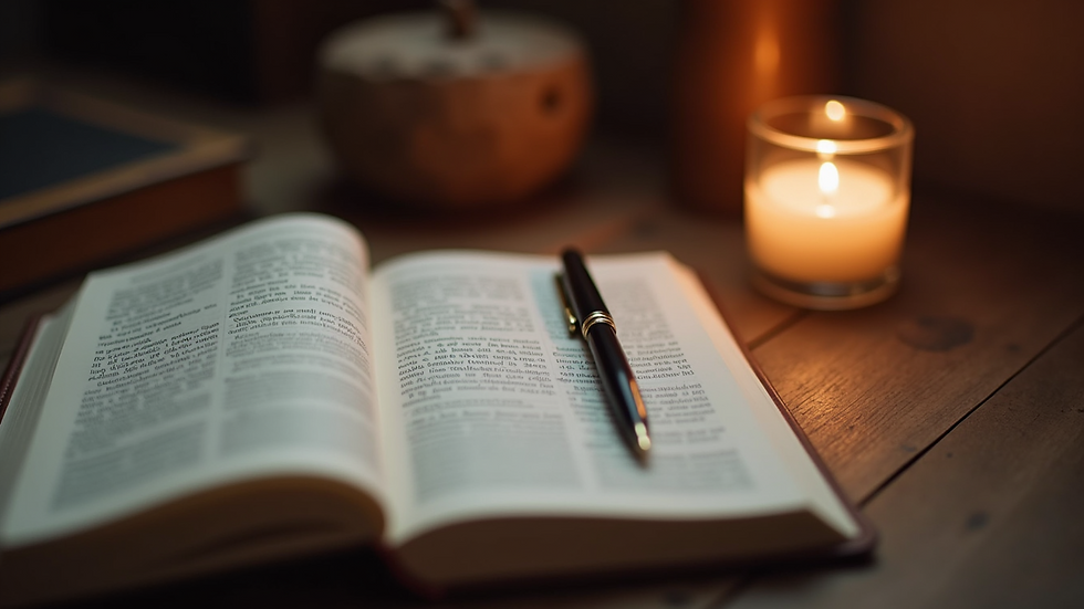 High angle view of a journal and pen beside a lit candle