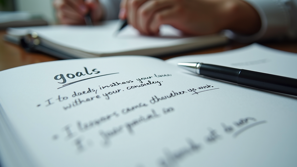 Eye-level view of a planner with handwritten goals and a pen