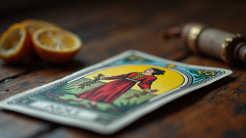 Eye-level view of a tarot card spread featuring the Strength card