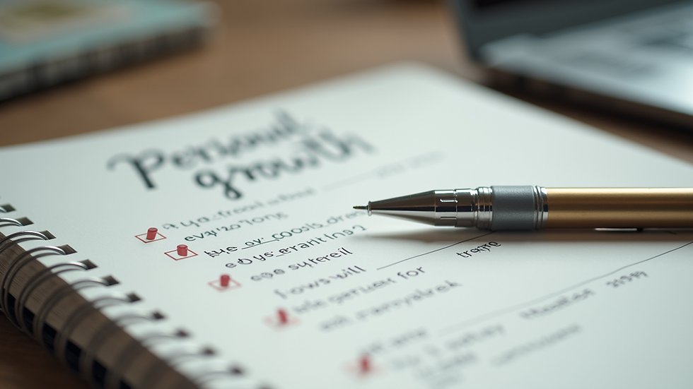 Close-up view of a notebook with personal growth goals and a pen