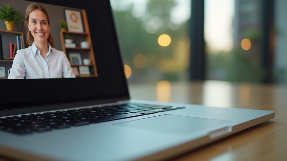 Eye-level view of a laptop screen showing a video call with a life coach
