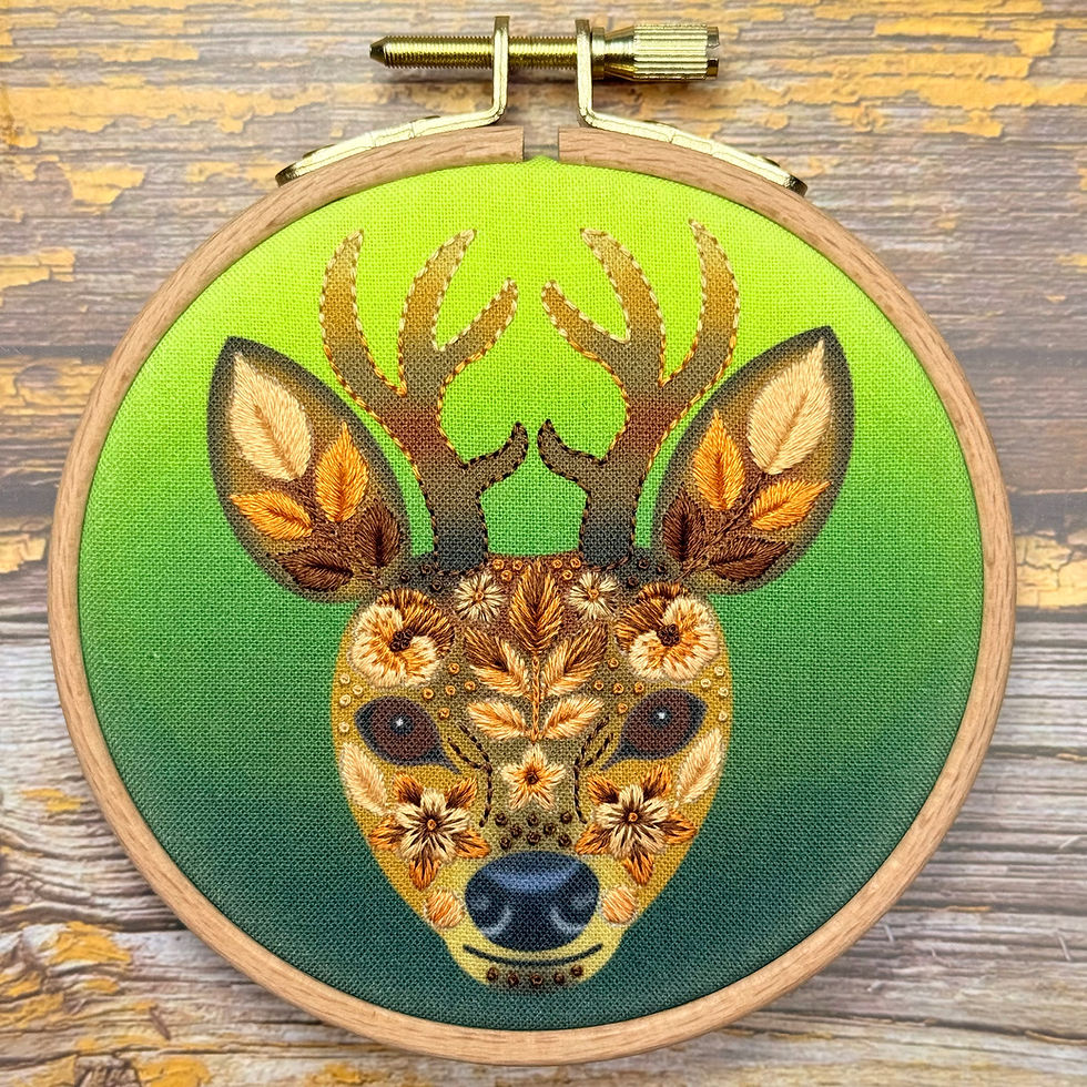 Thumbnail: Finished floral stag embroidery in hoop