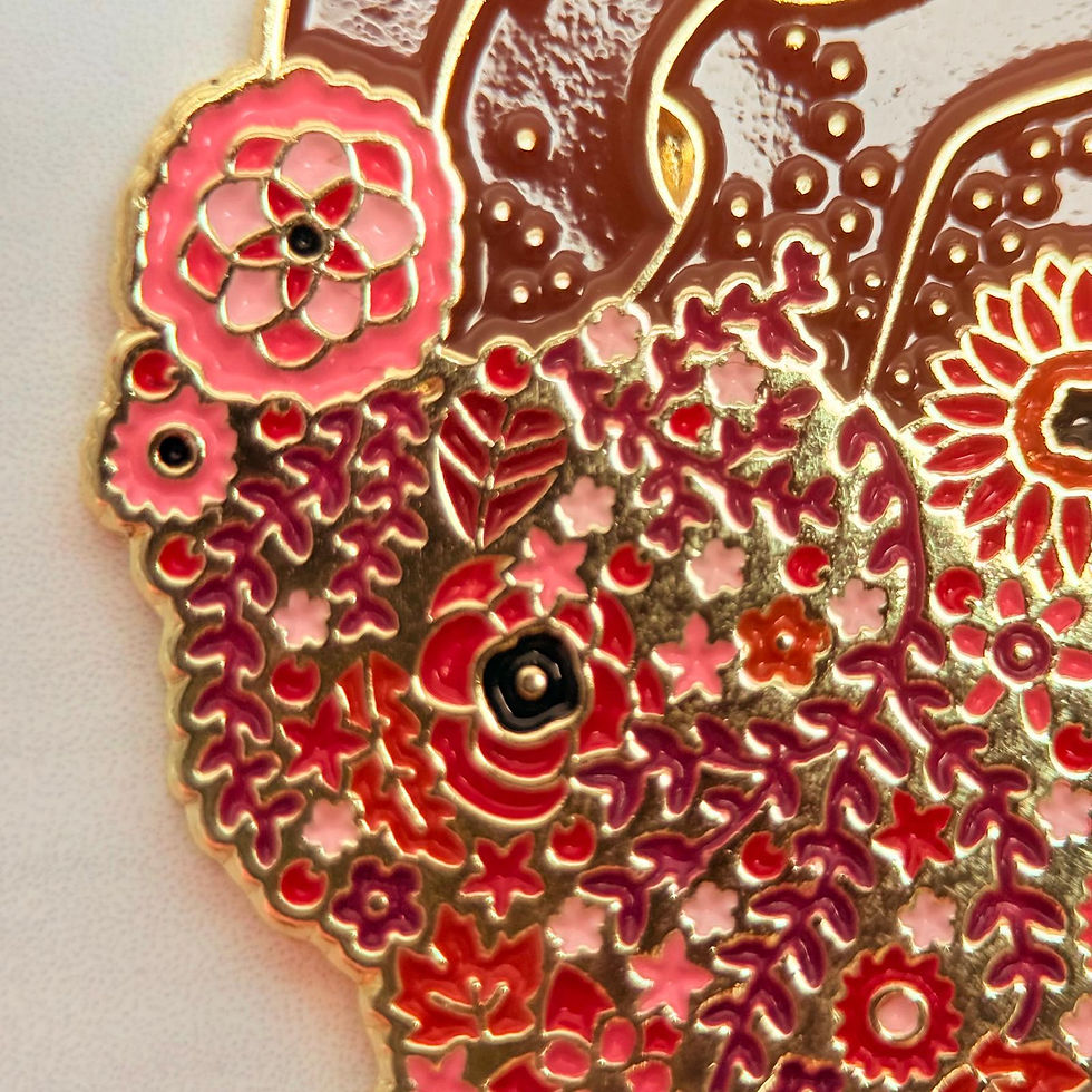 Thumbnail: Close-up of enamel floral heart needle minder design