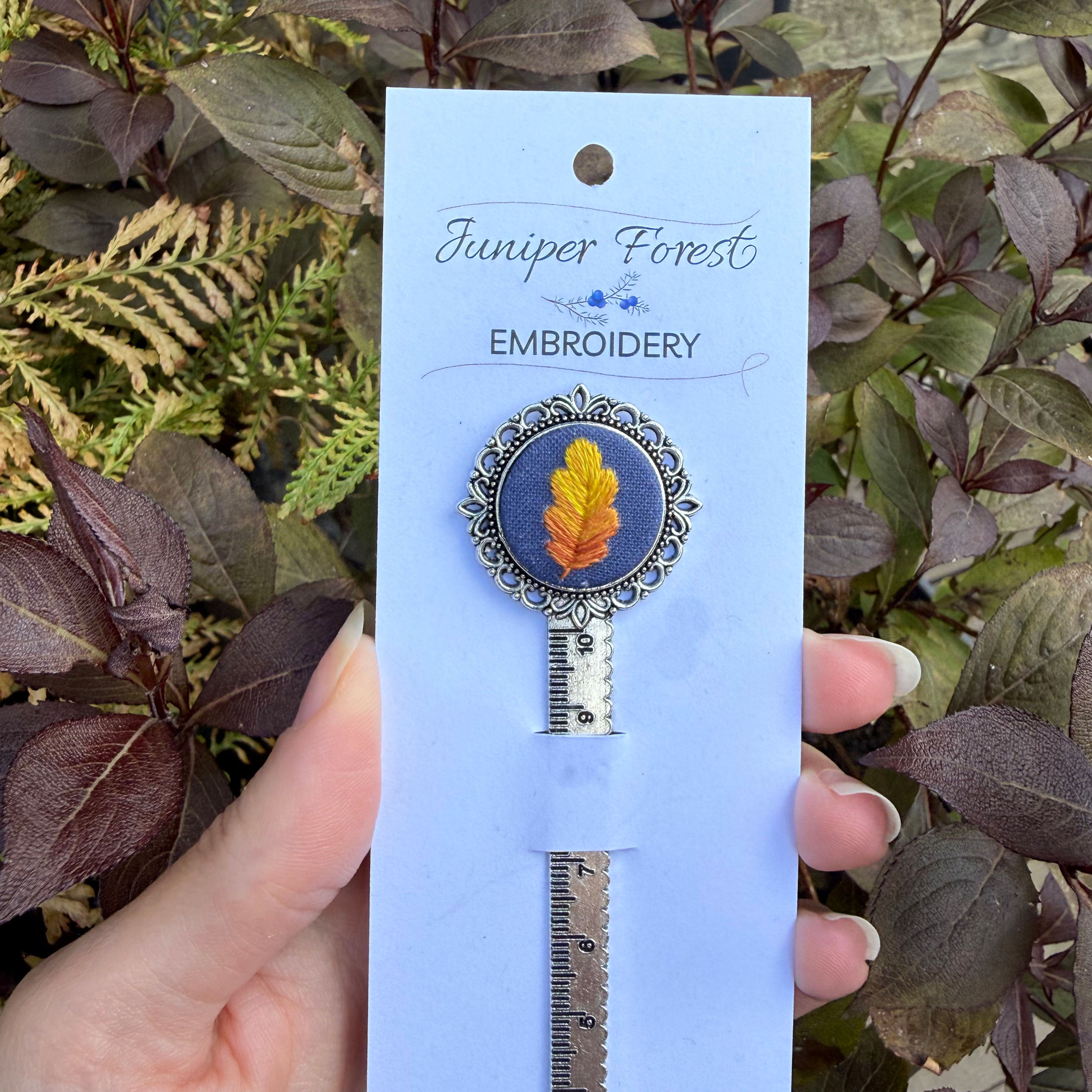 Autumnal Oak Leaf Blue Bookmark - Silver