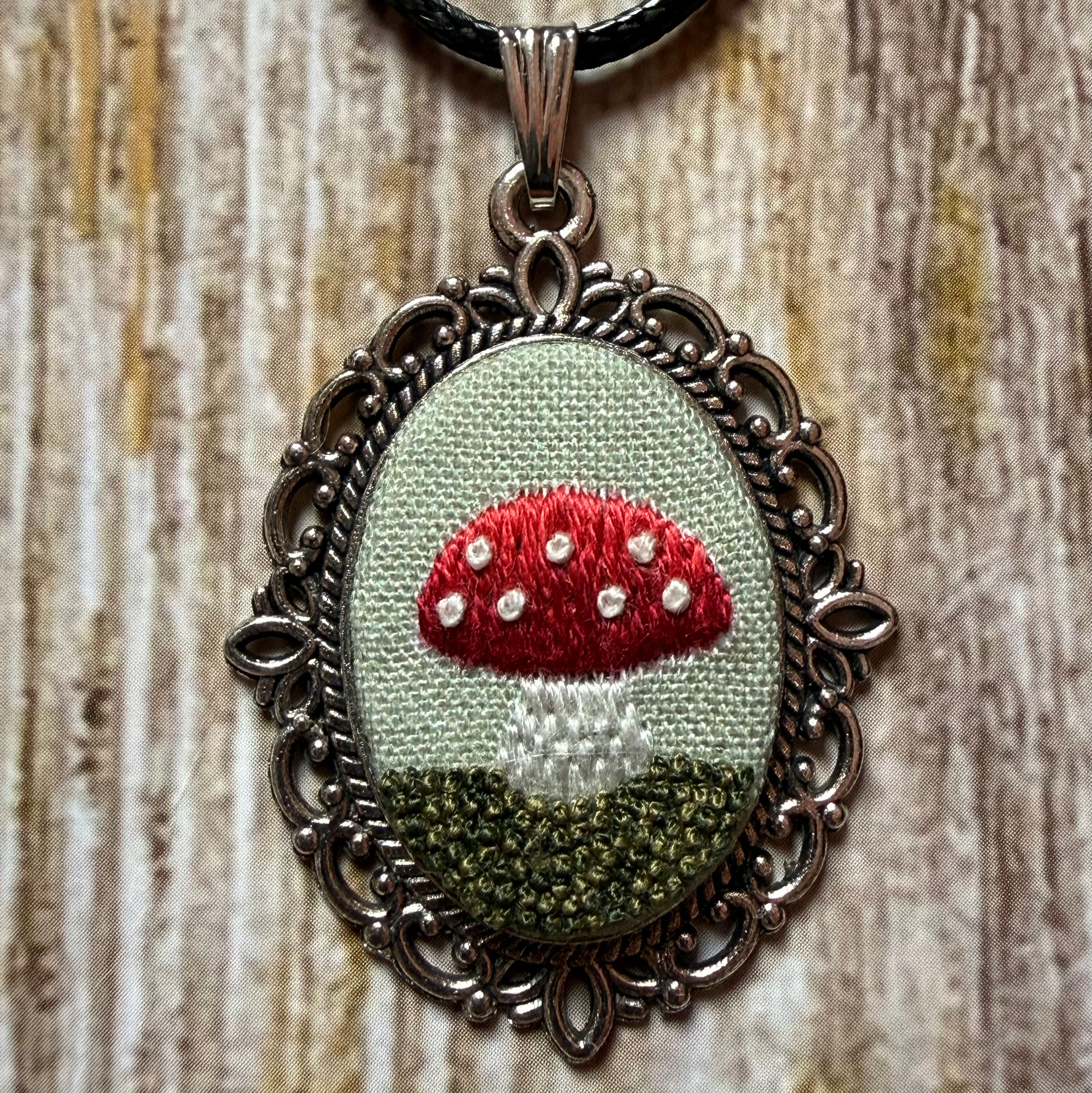 Hand Embroidered Sage Green Mushroom Necklace detail