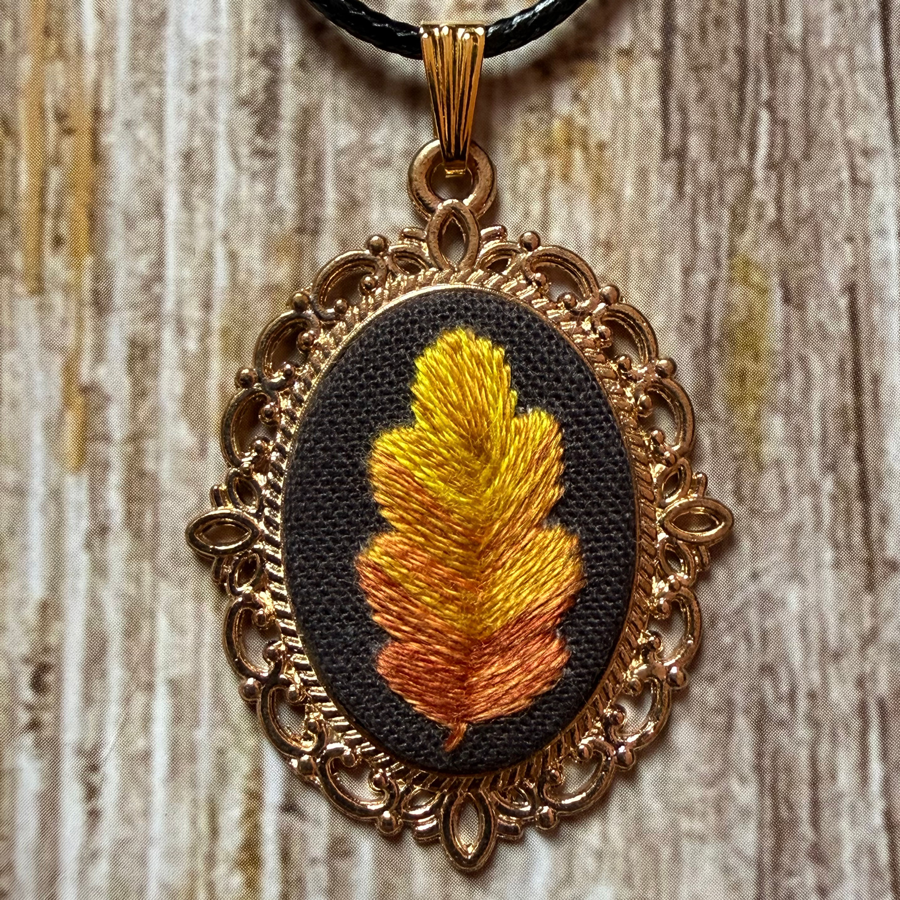 Hand Embroidered Brown Autumnal Oak Leaf Necklace Detail