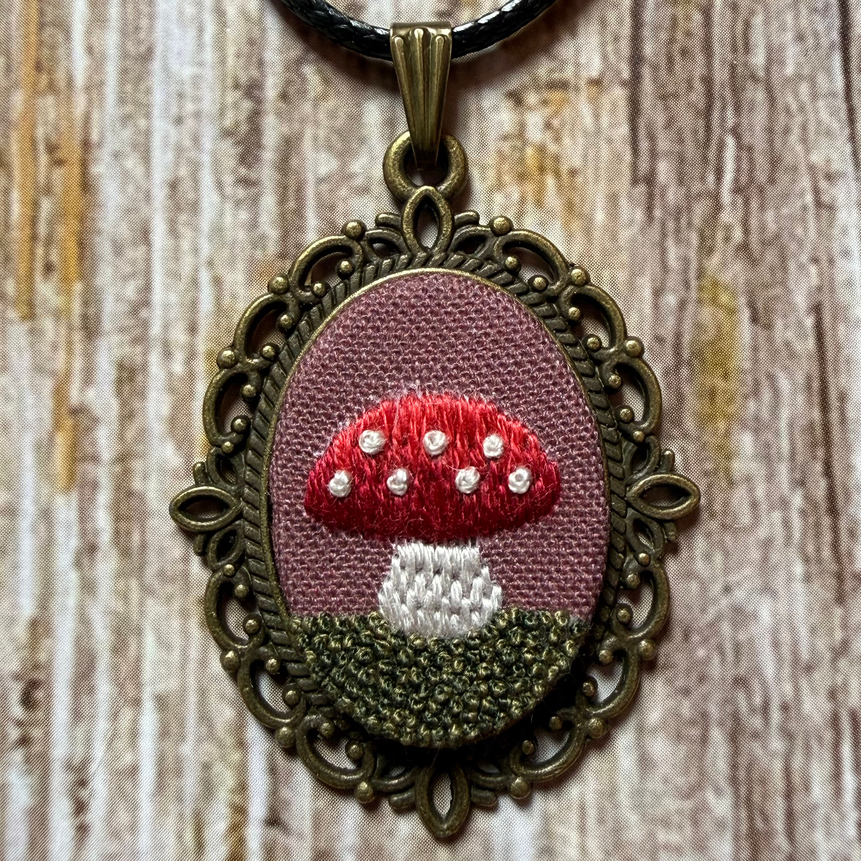 Hand Embroidered Antique Pink Mushroom Necklace Detail