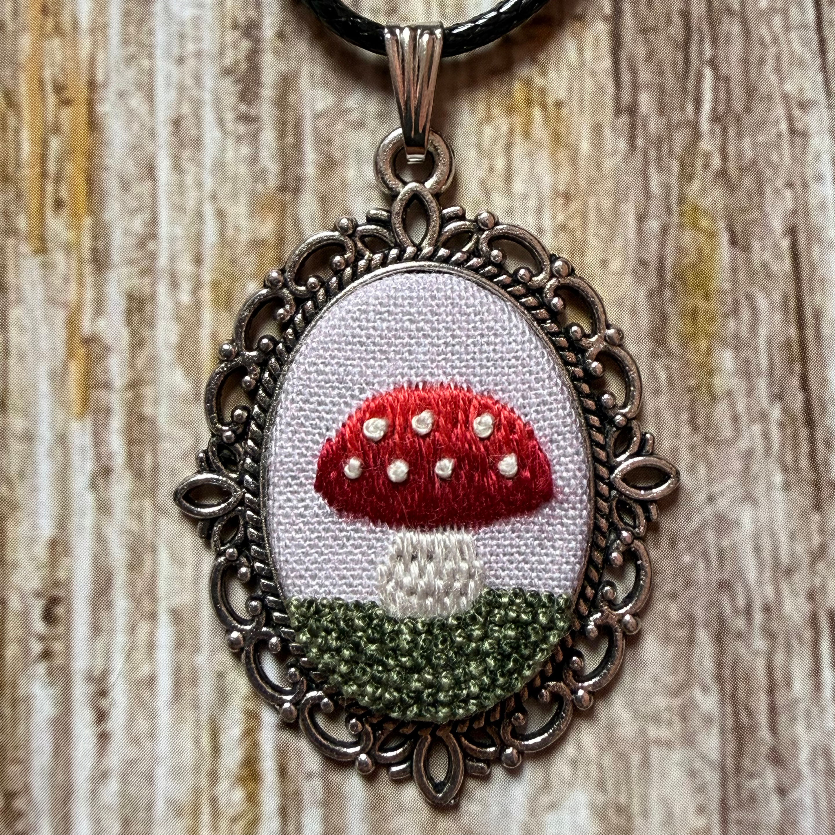 Hand Embroidered Pink Mushroom Necklace detail