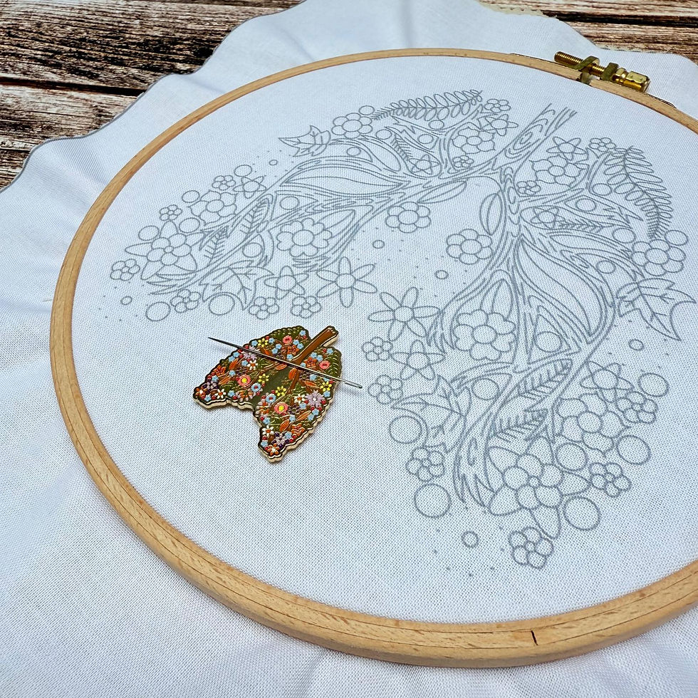 Thumbnail: Floral lungs needle minder on embroidery hoop with printed design