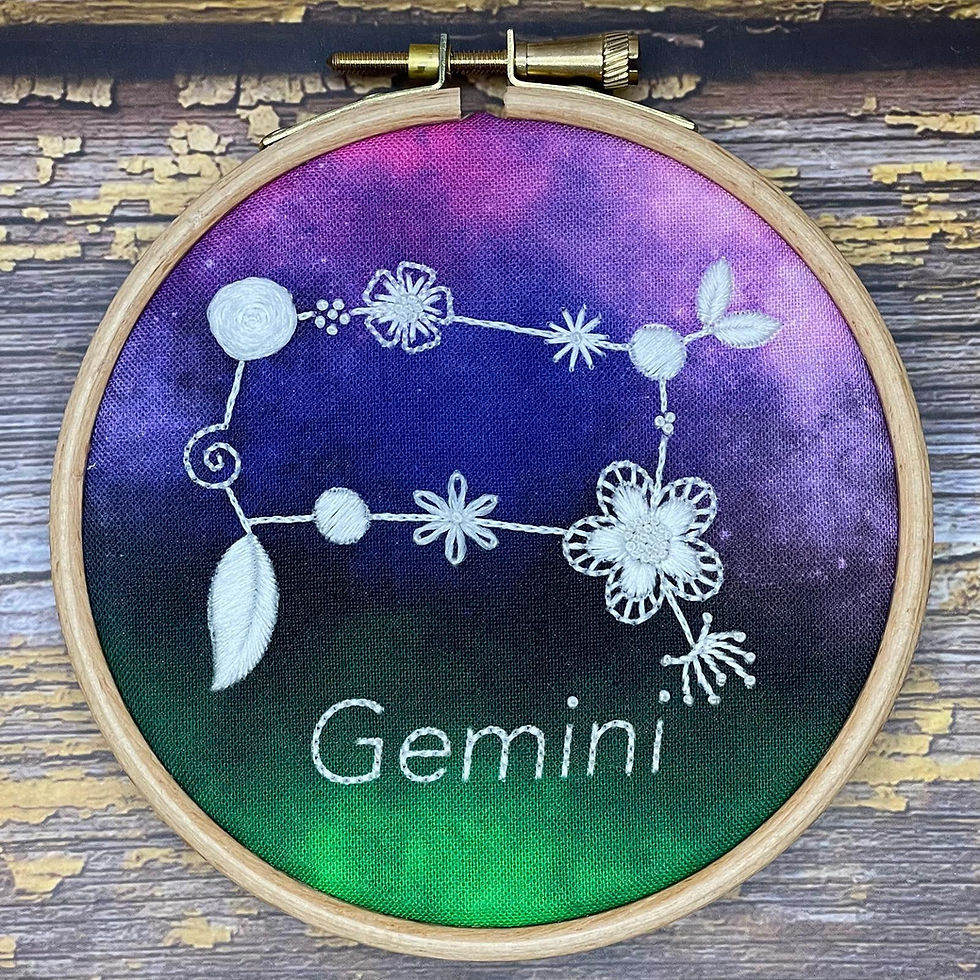 Thumbnail: Finished Gemini Embroidery kit in hoop