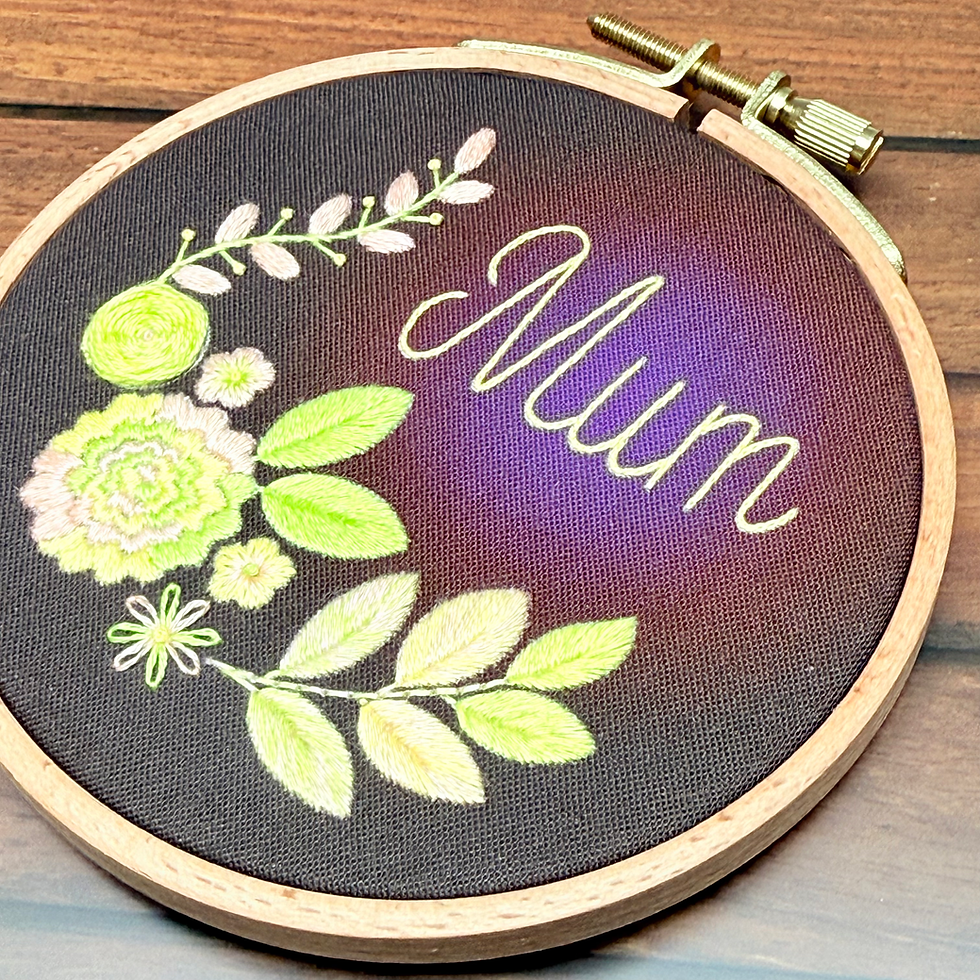 Thumbnail: Close-up of finished Mum embroidery design in hoop