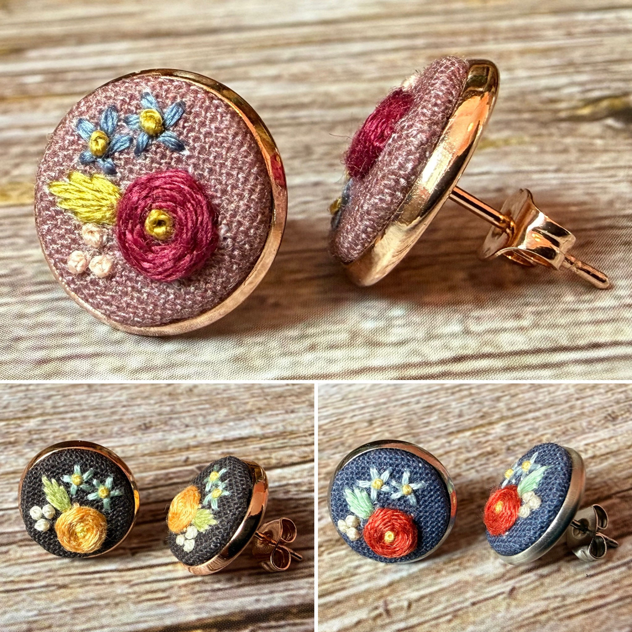 Selection of hand embroidered floral stud earrings