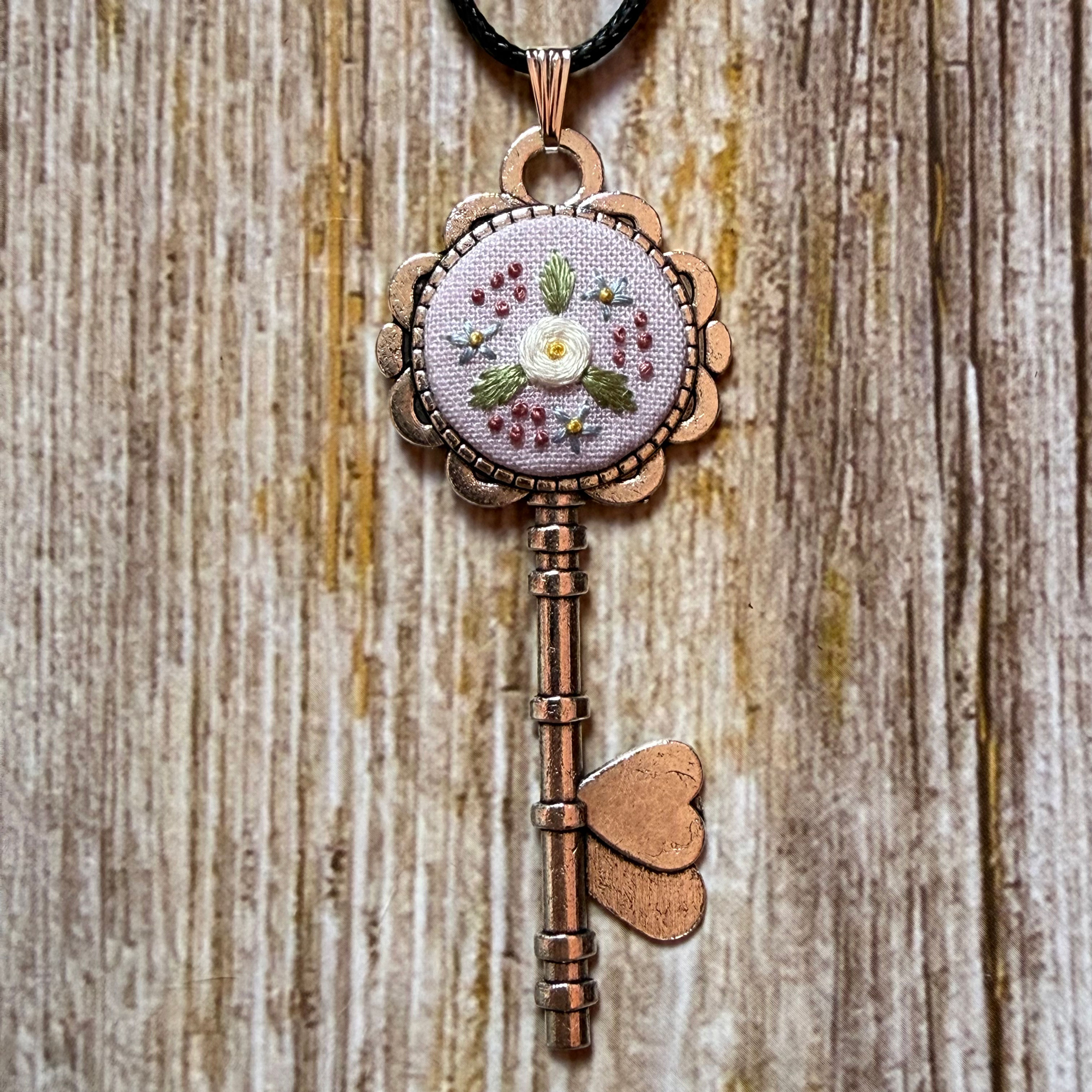 Hand Embroidered Pink Floral Necklace | Silver Key Woodland Pendant