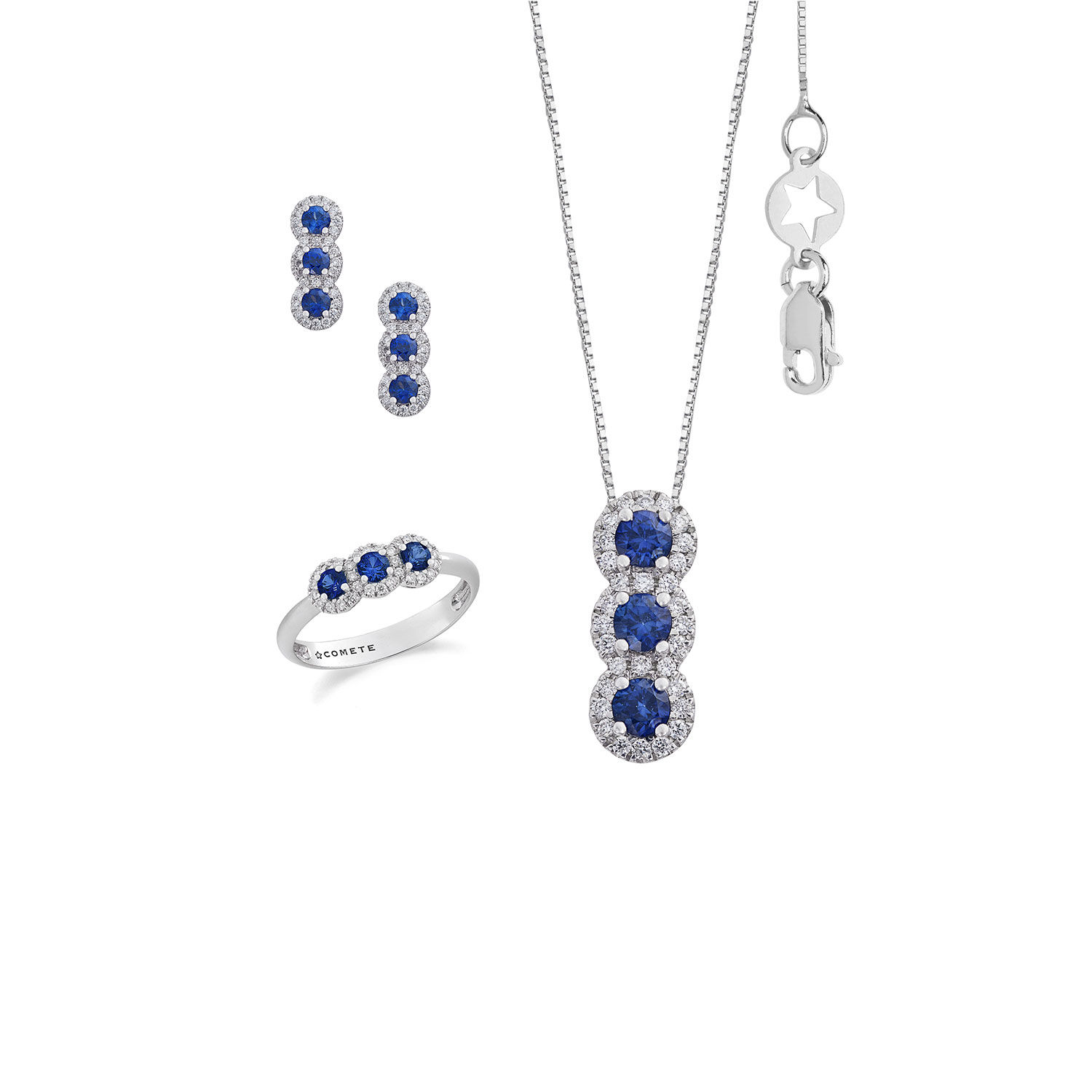 Anello, Collana e Orecchini in Trilogy con Zaffiri in Oro e Diamanti bianchi