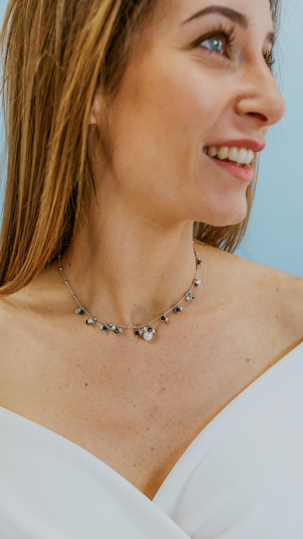 Indosso Girocollo Argento 925‰ con Acquamarina, pietre blu e Perle acquadolce