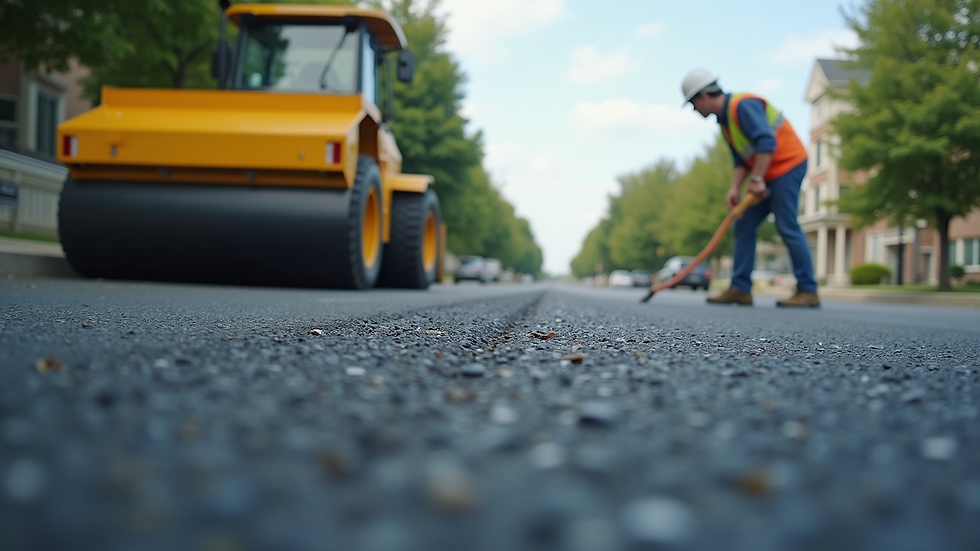 Eye-level view of a construction worker inspecting a newly paved road