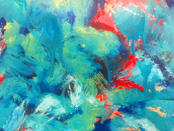 Abstract painting with blues, reds, and yellows