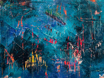 Abstract art with blues, yellows, oranges, blacks.